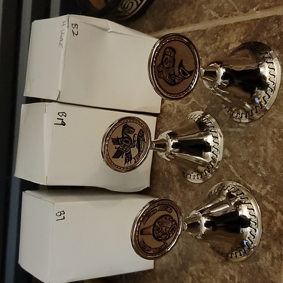 Set of 3 Silver Coloured and Copper Bells with BC First Nations Artwork - Picture 7 of 14